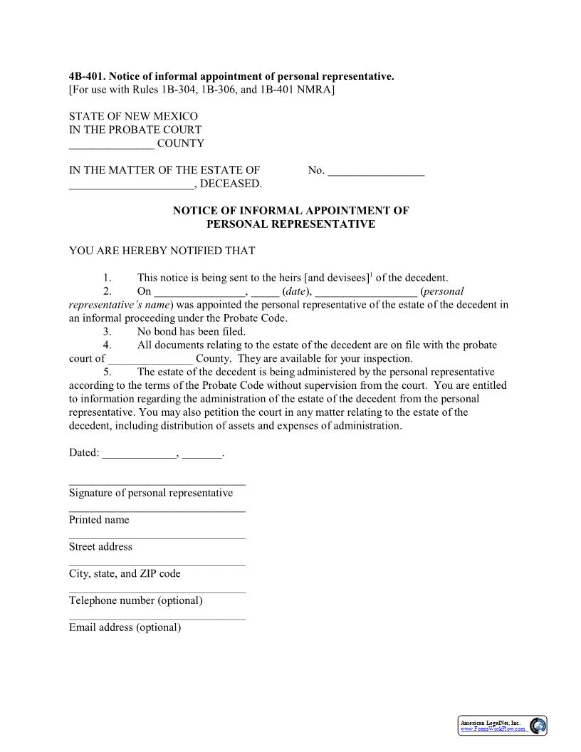 Notice Of Informal Appointment Of Personal Representative {4B-401} | Pdf Fpdf Docx | New Mexico
