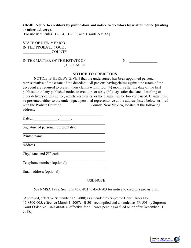 Notice To Creditors {4B-501} | Pdf Fpdf Docx | New Mexico