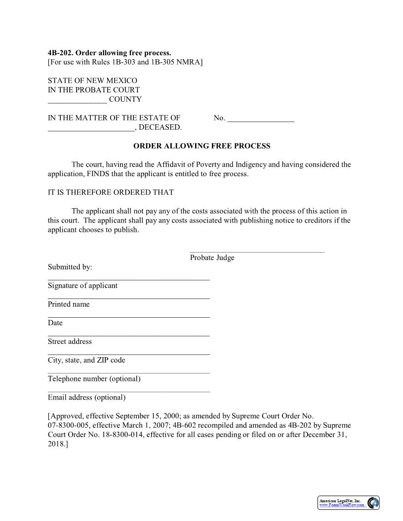 Order Allowing Free Process {4B-202} | Pdf Fpdf Docx | New Mexico
