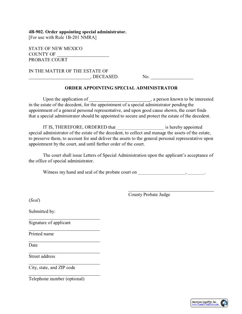 Order Appointing Special Administrator {4B-902} | Pdf Fpdf Docx | New Mexico