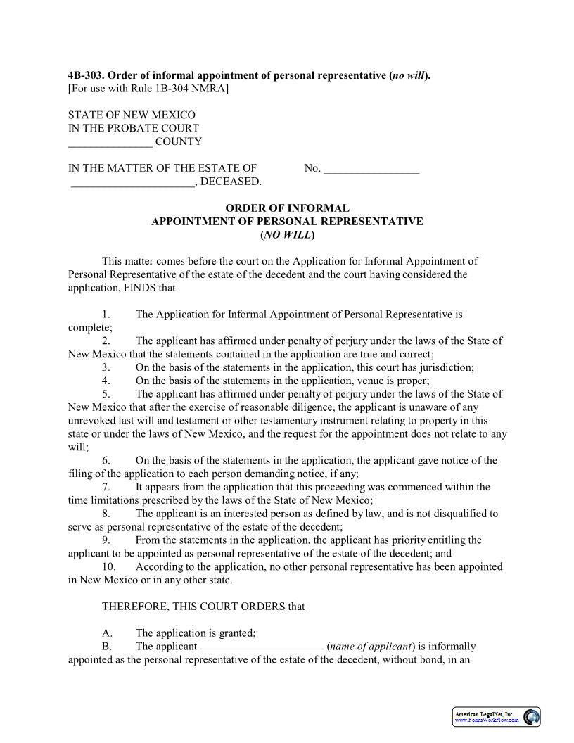 Order Of Informal Appointment Of Personal Representative (No Will) {4B-303} | Pdf Fpdf Docx | New Mexico