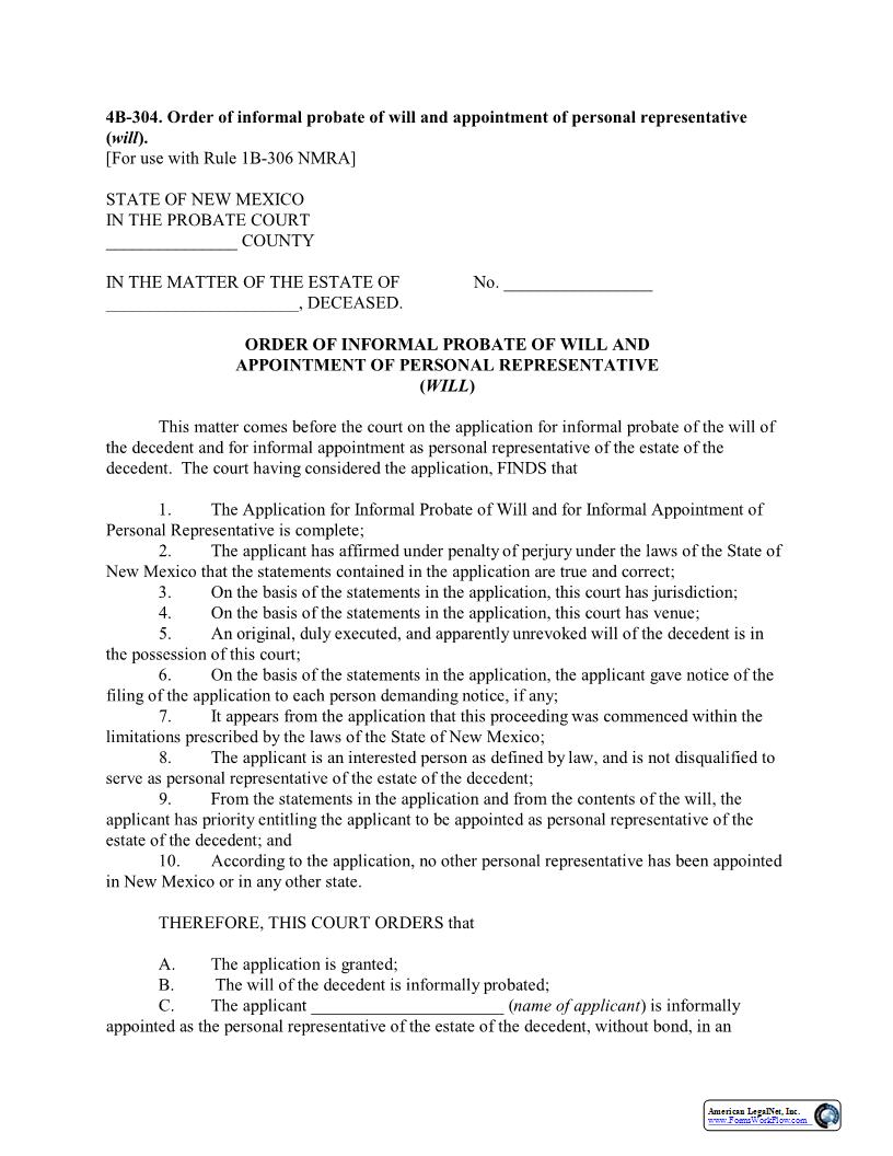 Order Of Informal Probate Of Will And Appointment Of Personal Representative {4B-304} | Pdf Fpdf Docx | New Mexico