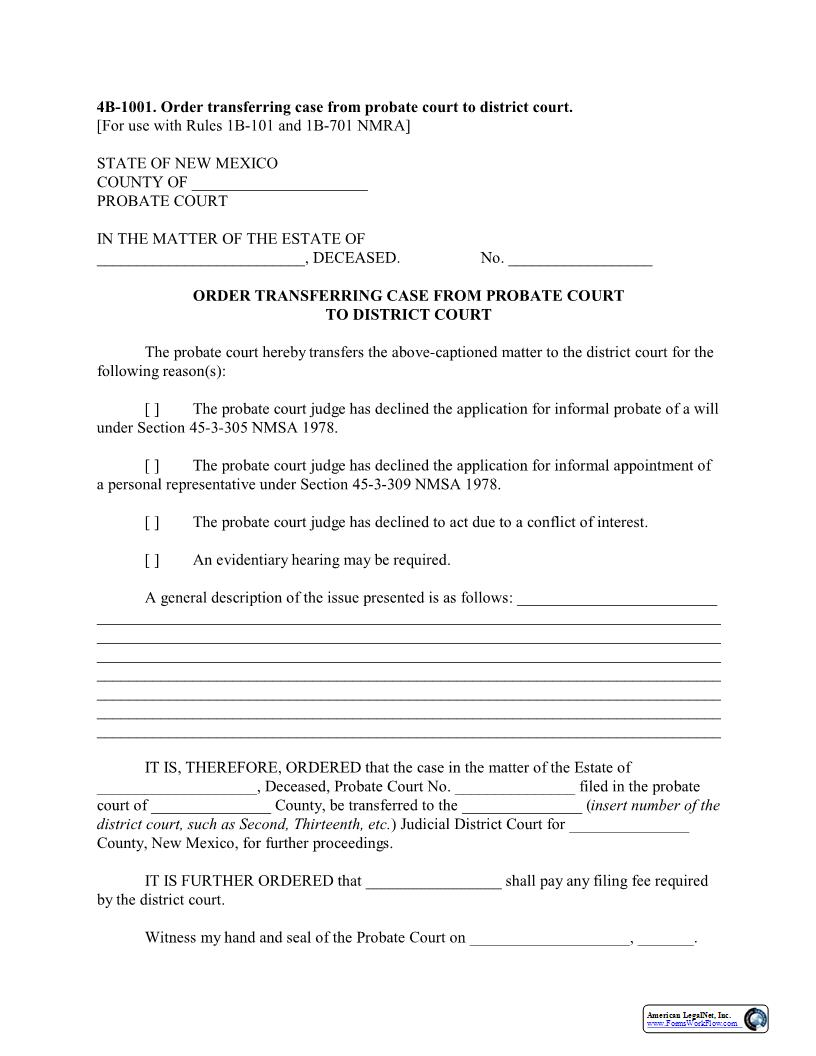Order Transferring Case From Probate To District Court {4B-1001} | Pdf Fpdf Docx | New Mexico