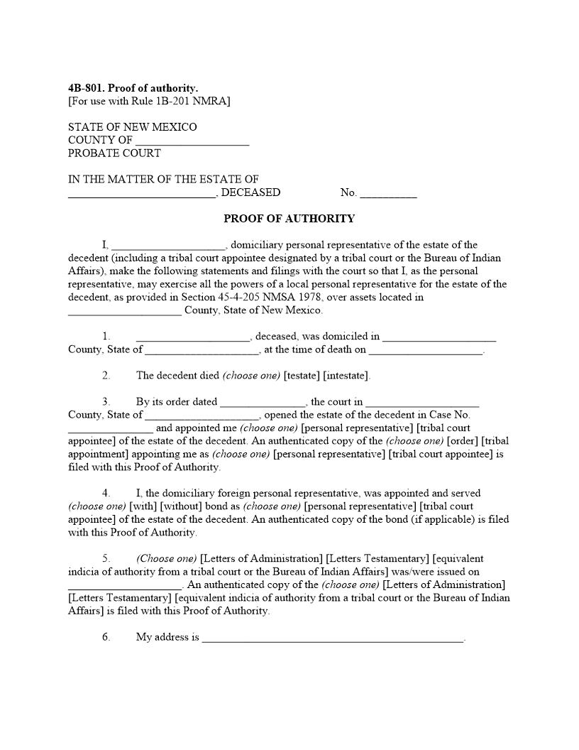 Proof Of Authority {4B-801} | Pdf Fpdf Docx | New Mexico