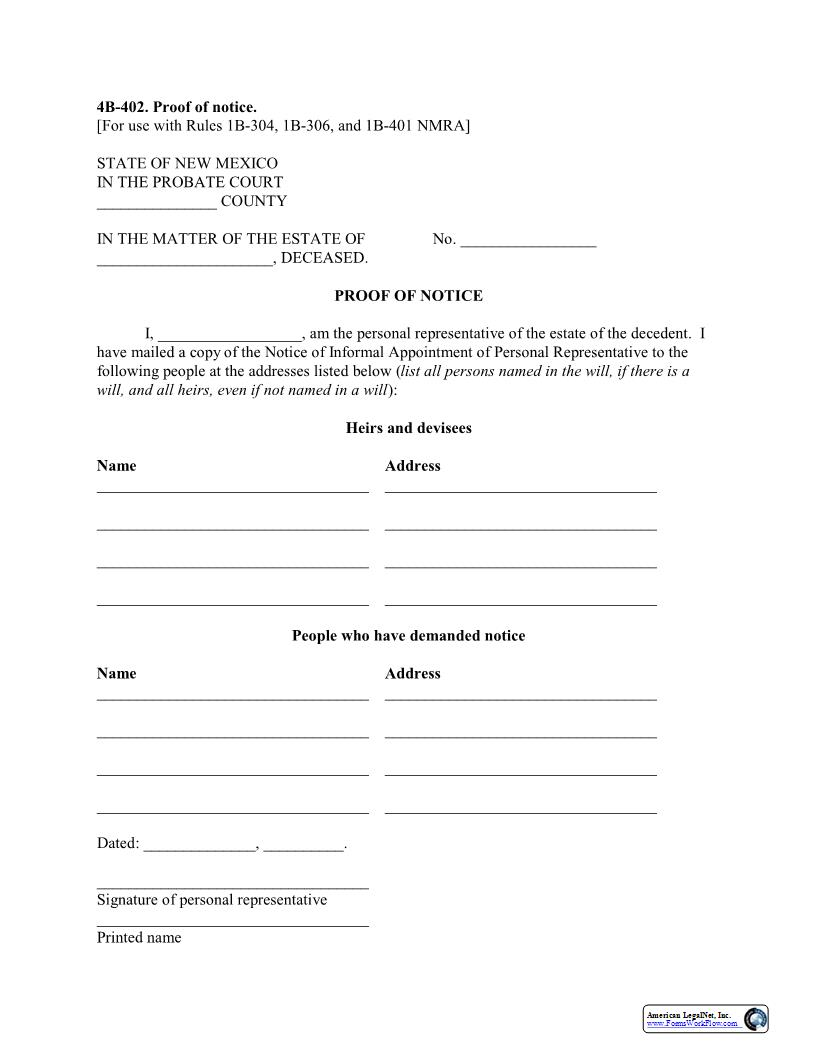 Proof Of Notice {4B-402} | Pdf Fpdf Docx | New Mexico