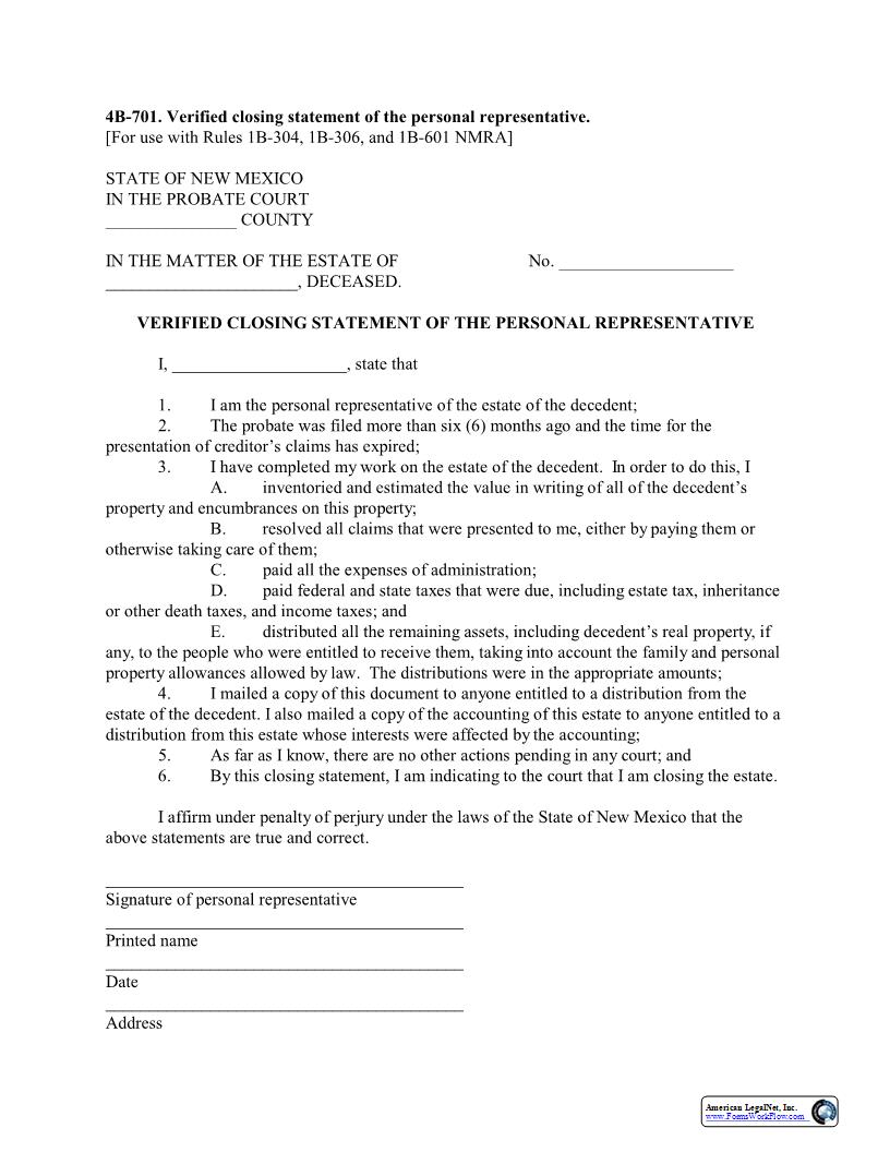 Verified Closing Statement Of Personal Representative {4B-701} | Pdf Fpdf Docx | New Mexico