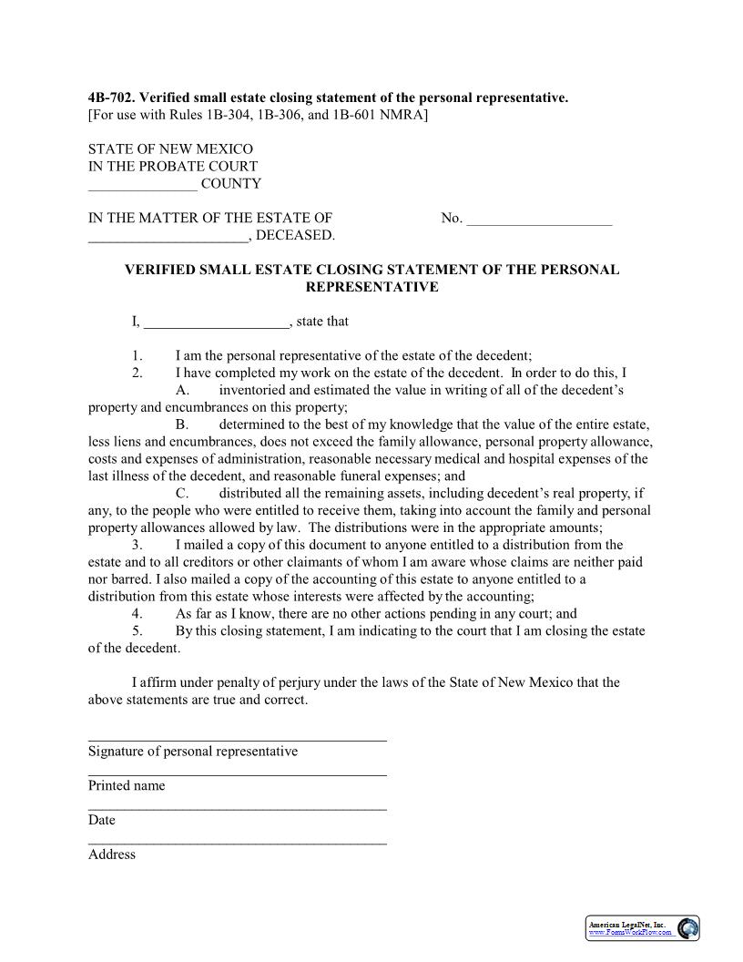 Verified Closing Statement Of Personal Representative Small Estate {4B-702}  | Pdf Fpdf Docx | New Mexico