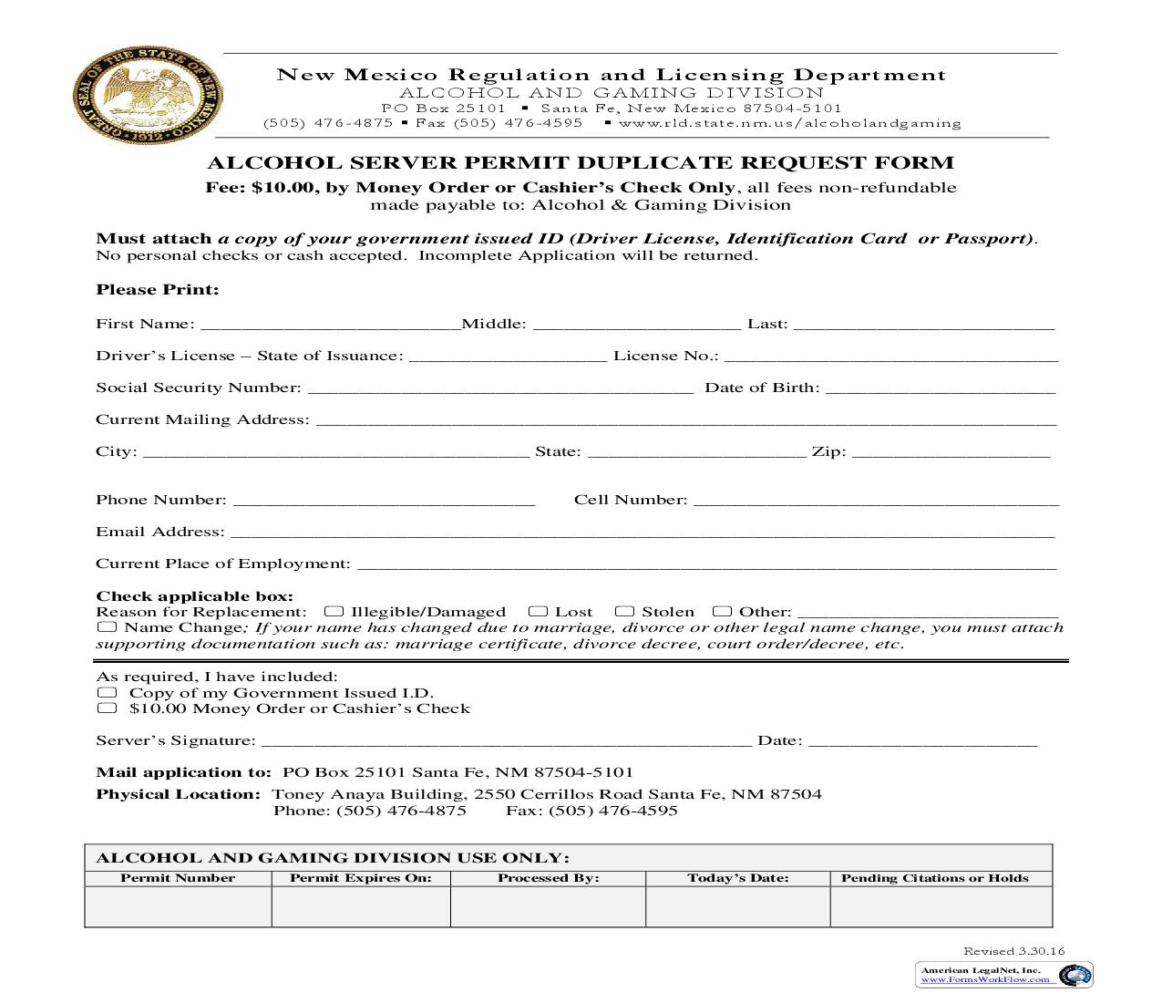 Alcohol Server Replacement Request Form | Pdf Fpdf Doc Docx | New Mexico