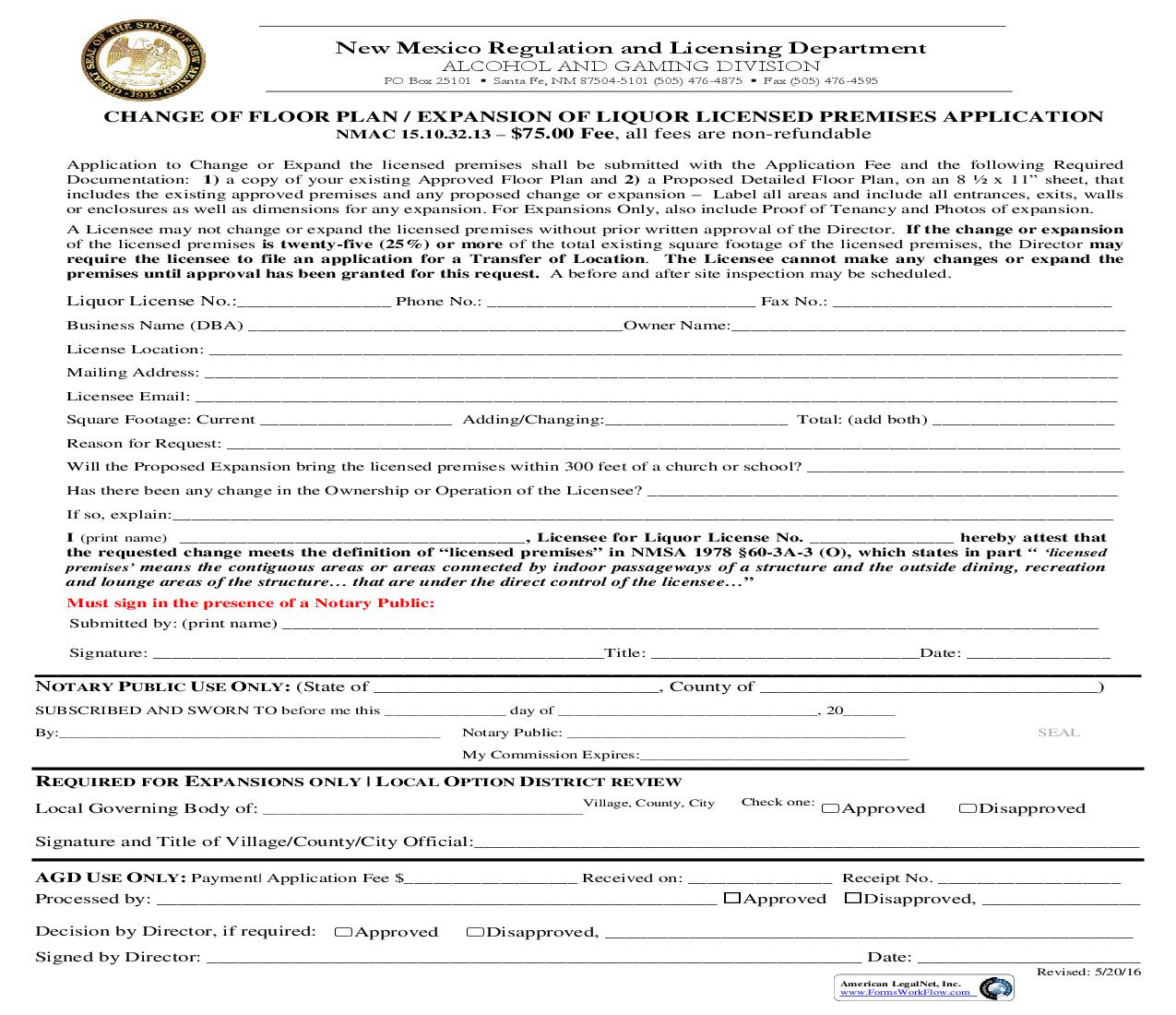 Change Of Floor Plan-Expansion Of Liquor Licensed Premise Application | Pdf Fpdf Doc Docx | New Mexico