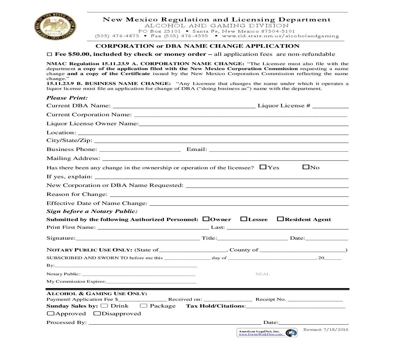 DBA Name Change Application | Pdf Fpdf Doc Docx | New Mexico