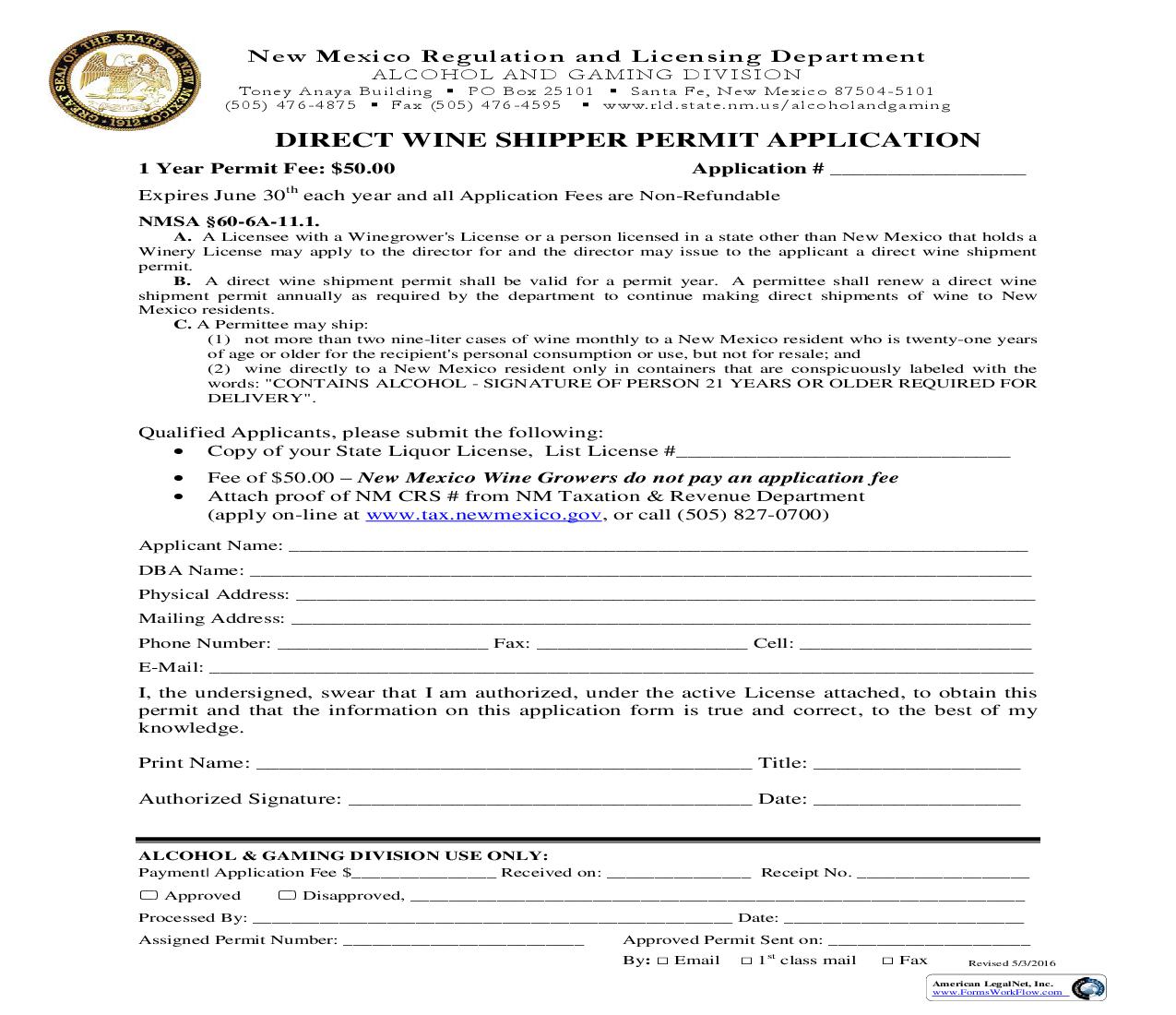 Direct Wine Shipper Permit Application | Pdf Fpdf Doc Docx | New Mexico