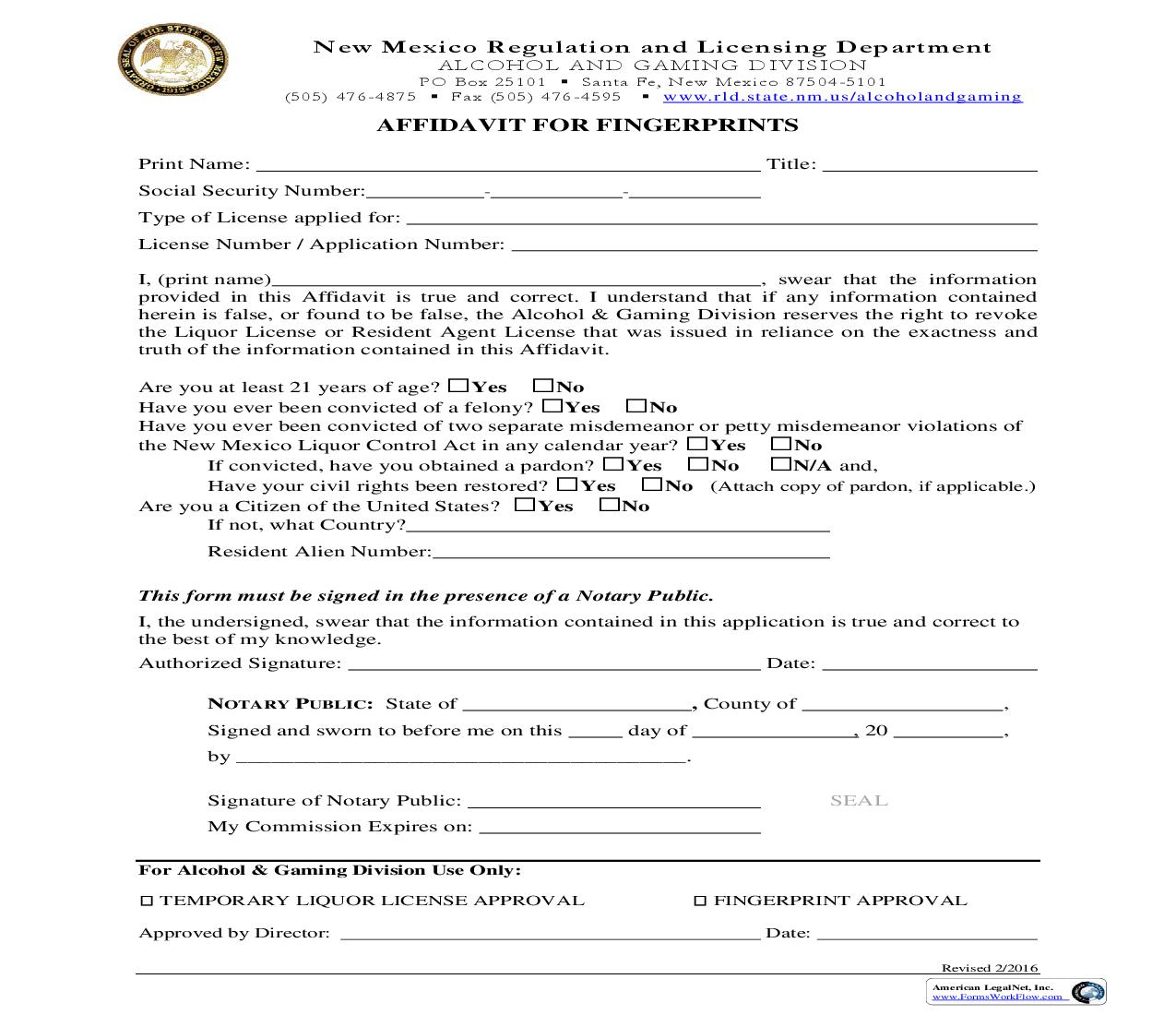 Fingerprint Affidavit | Pdf Fpdf Doc Docx | New Mexico