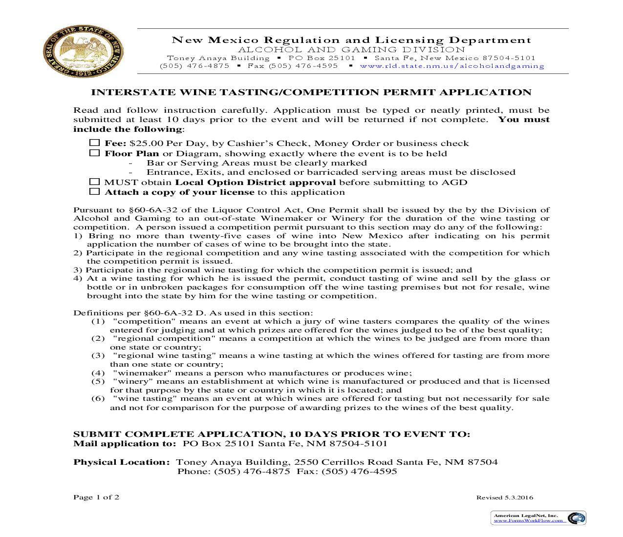 Interstate Wine Tasting-Competition Permit Application | Pdf Fpdf Doc Docx | New Mexico