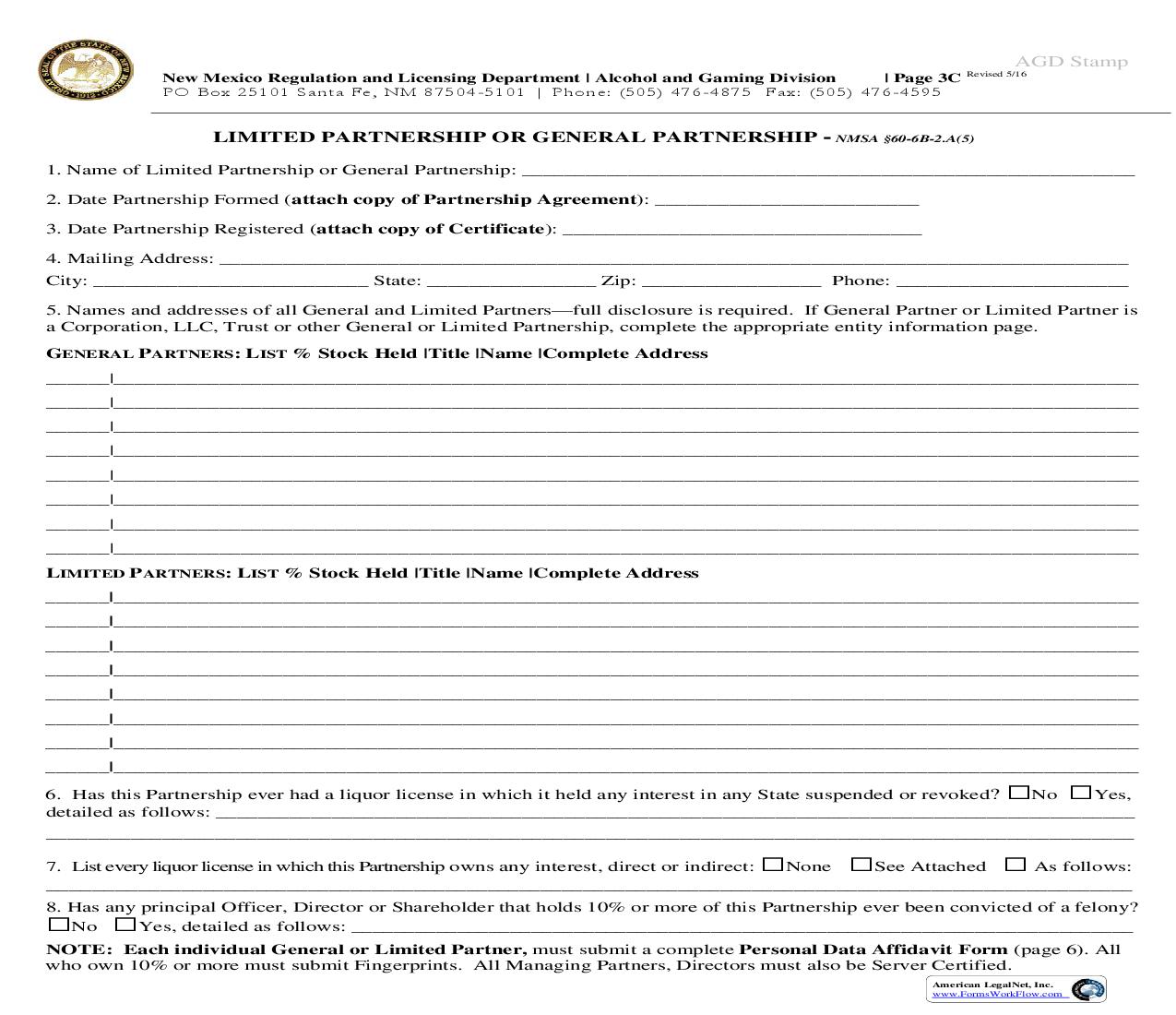Limited Partnership Or General Partnership Information Sheet-LLC-Corporation | Pdf Fpdf Doc Docx | New Mexico