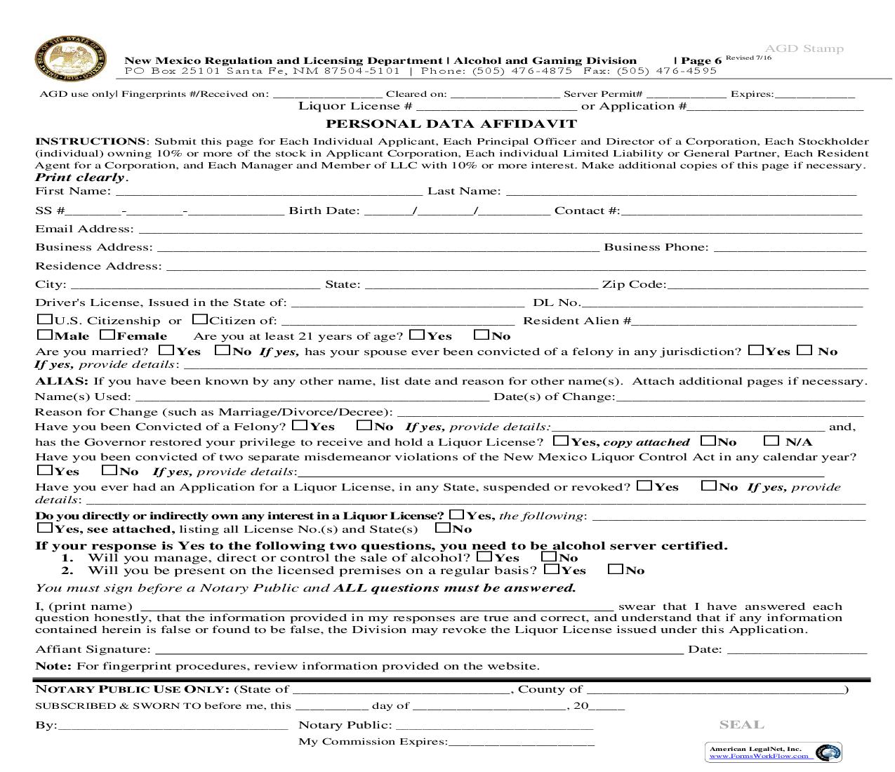 Personal Data Information And Affidavit | Pdf Fpdf Doc Docx | New Mexico