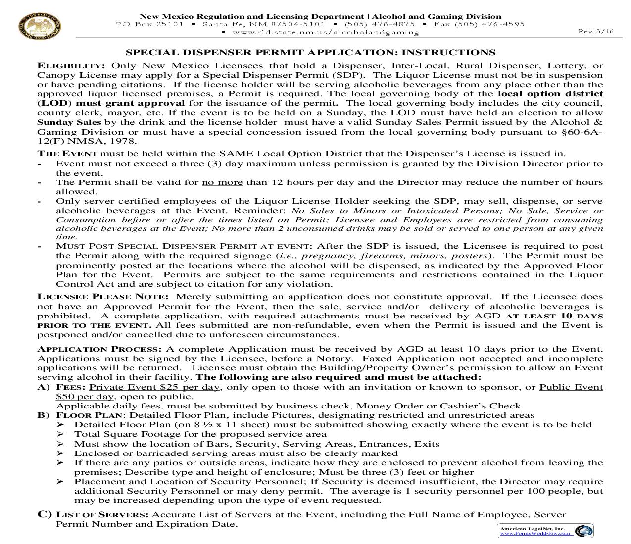 Special Dispenser Permit Application | Pdf Fpdf Doc Docx | New Mexico