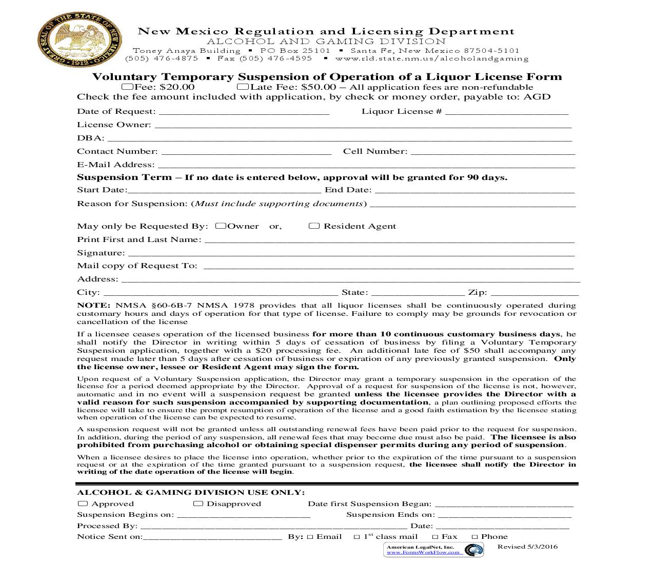Voluntary Temporary Suspension Of Operation Of Liquor License Form | Pdf Fpdf Doc Docx | New Mexico