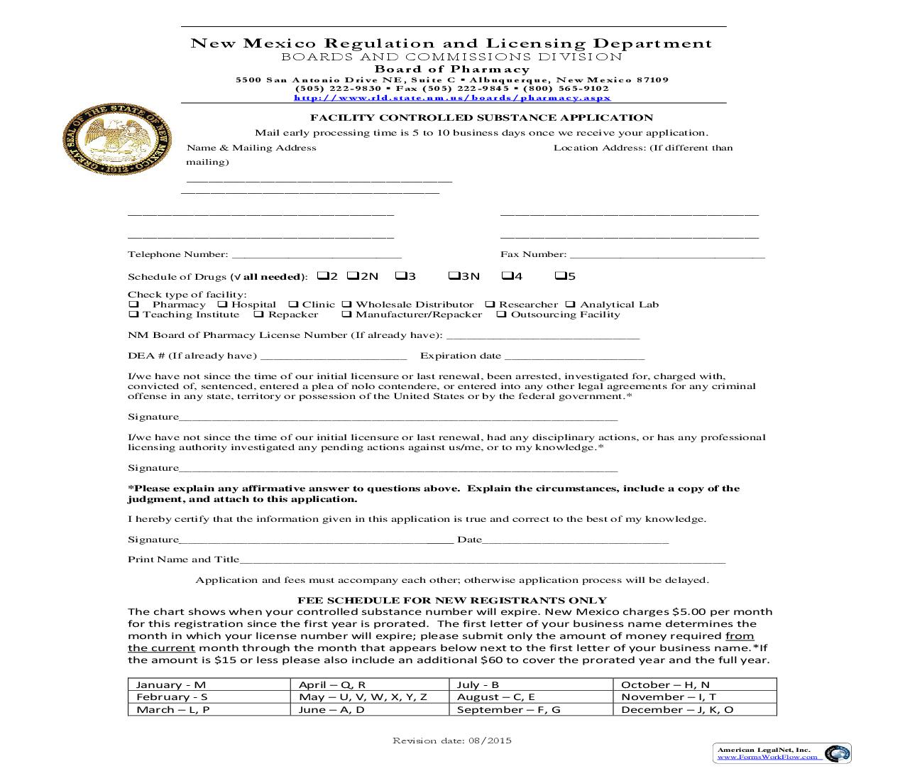 Facility Controlled Substance Registraion Application | Pdf Fpdf Doc Docx | New Mexico