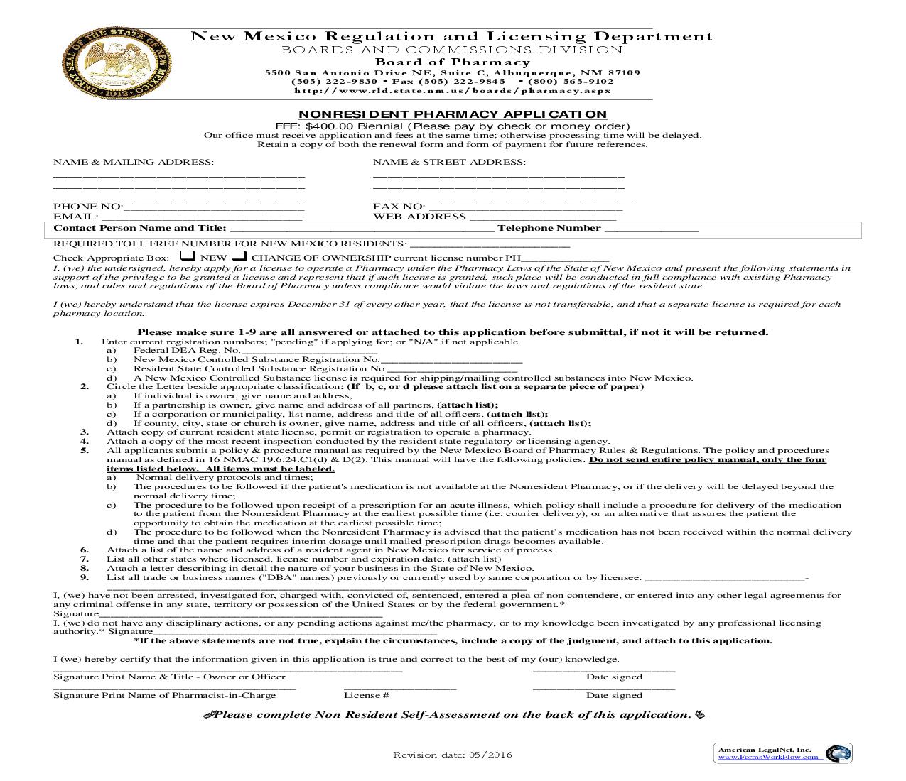 Nonresident Pharmacy Application | Pdf Fpdf Doc Docx | New Mexico