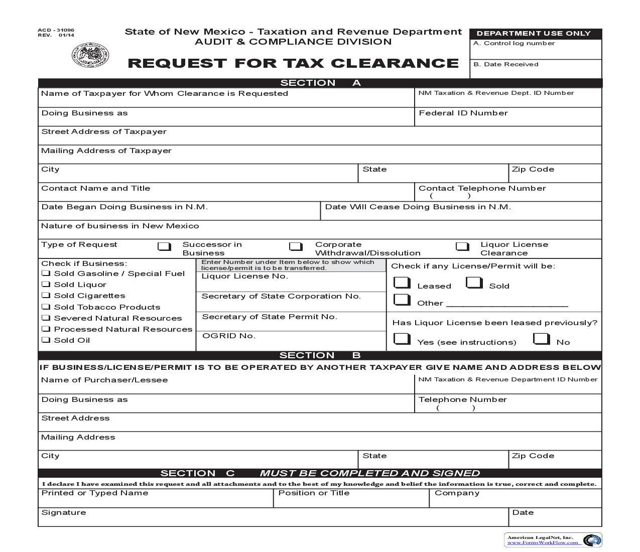 Tax Clearance Request {ACD-31096} | Pdf Fpdf Doc Docx | New Mexico
