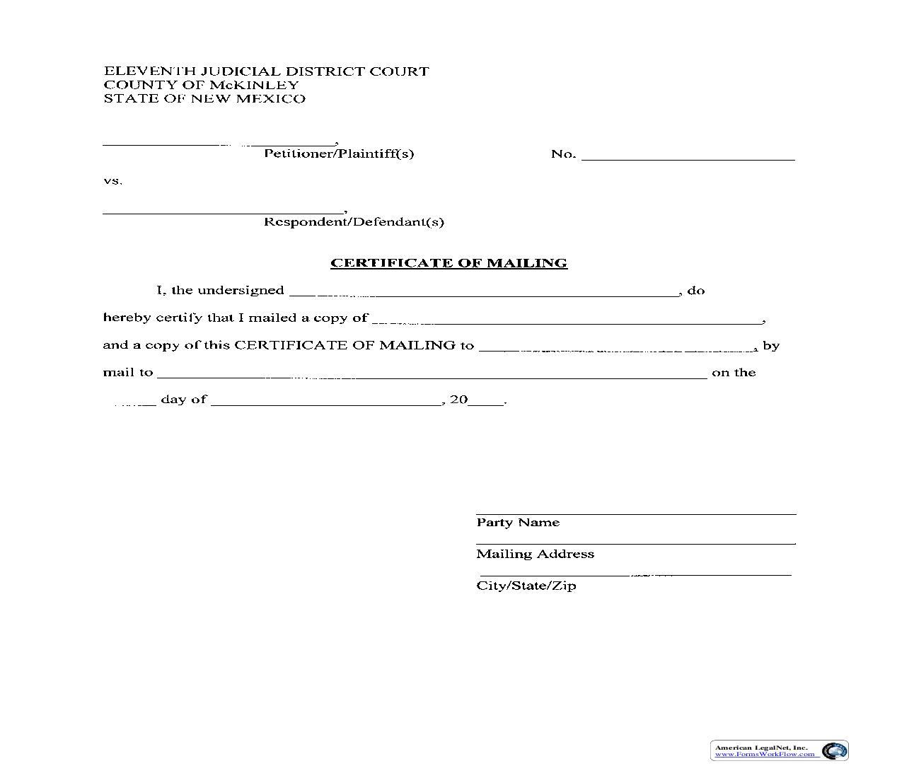 Certificate Of Mailing | Pdf Fpdf Doc Docx | New Mexico