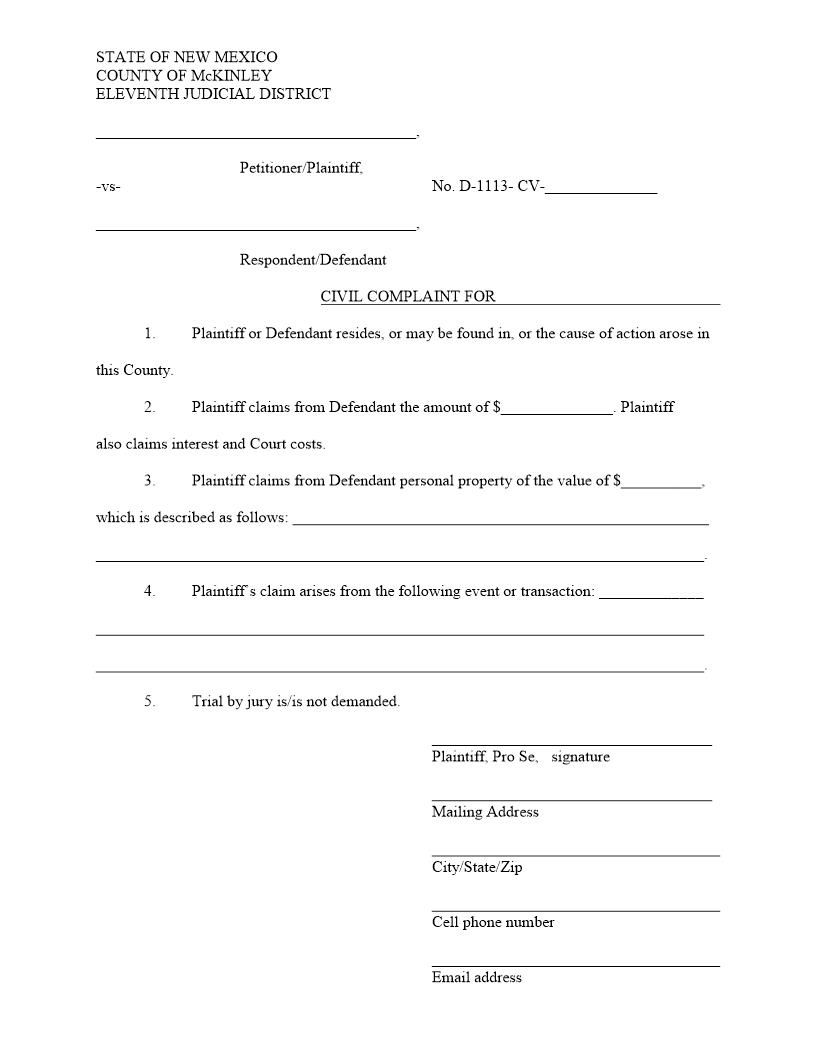 Civil Complaint | Pdf Fpdf Doc Docx | New Mexico
