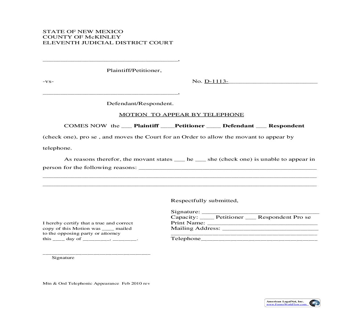 Motion And Order To Appear By Telephone | Pdf Fpdf Doc Docx | New Mexico