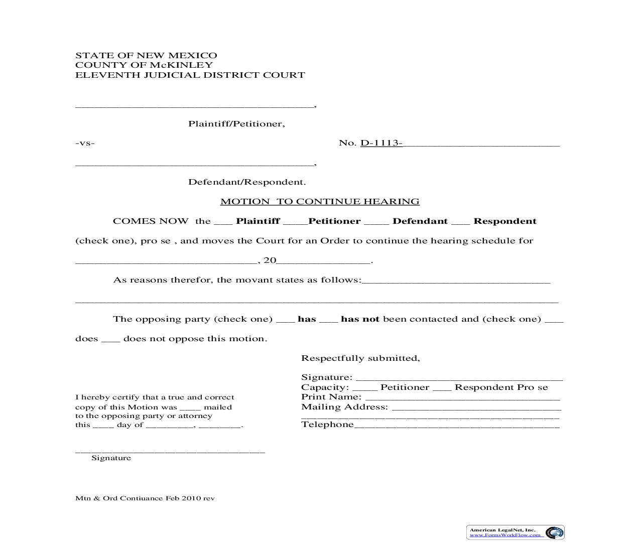 Motion And Order To Continue | Pdf Fpdf Doc Docx | New Mexico