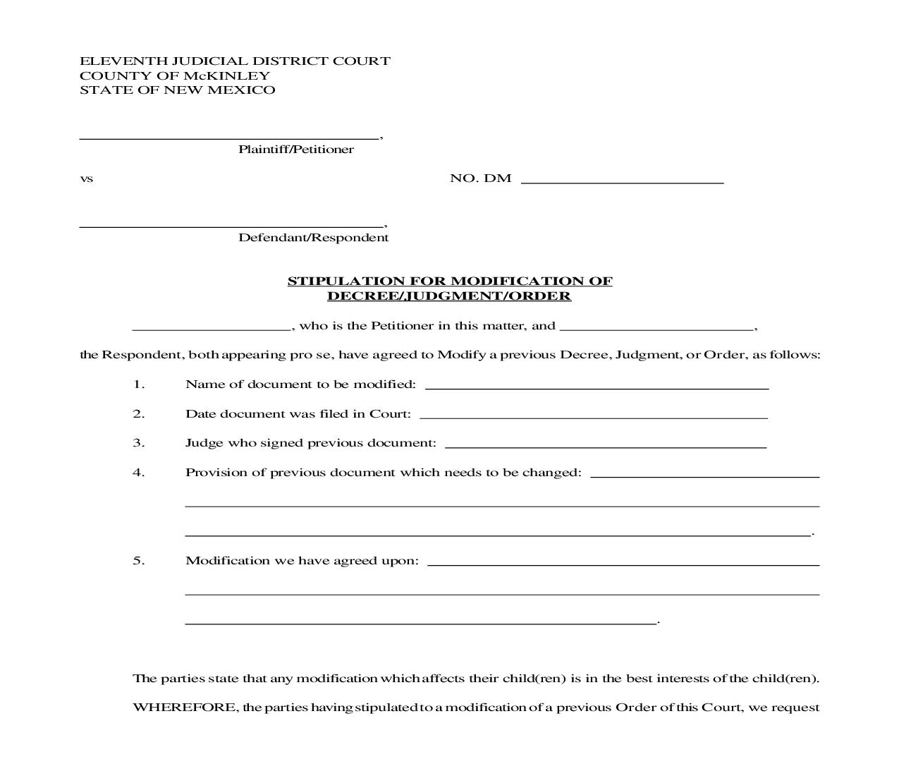 Stipulation For Modification Of Decree-Judgment-Order (Domestic Relations) | Pdf Fpdf Doc Docx | New Mexico