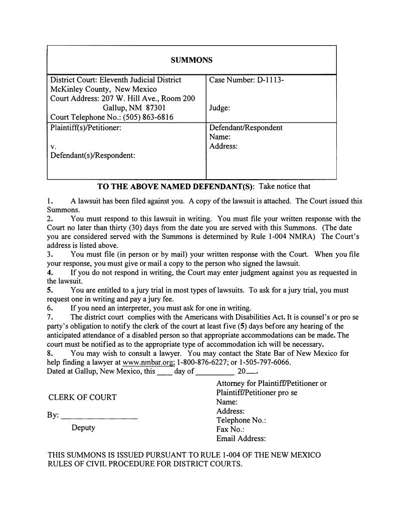 Summons | Pdf Fpdf Doc Docx | New Mexico