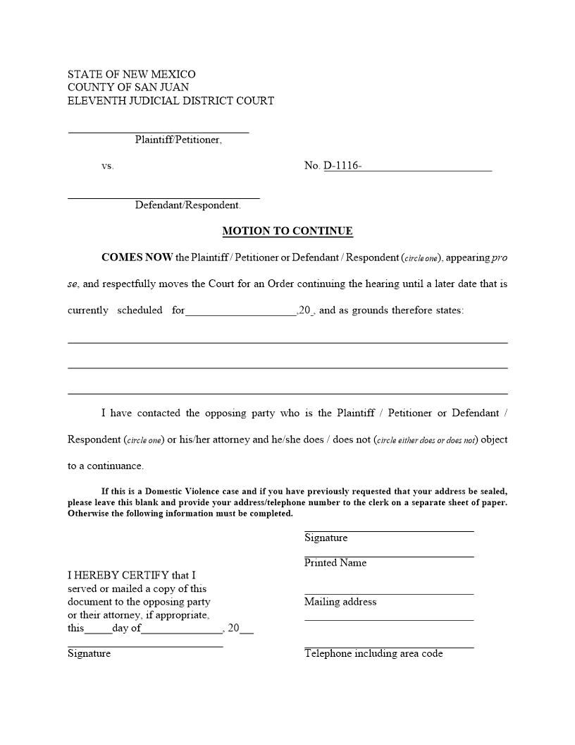 Motion To Continue | Pdf Fpdf Doc Docx | New Mexico