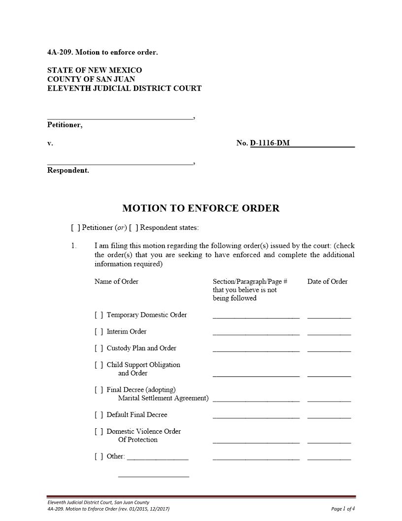 Motion To Enforce {4A-209} | Pdf Fpdf Docx | New Mexico