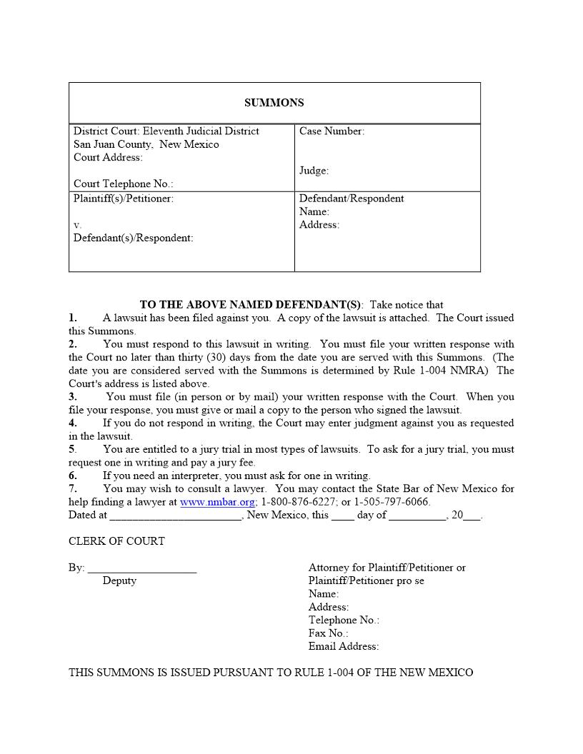 Summons and Return | Pdf Fpdf Docx | New Mexico