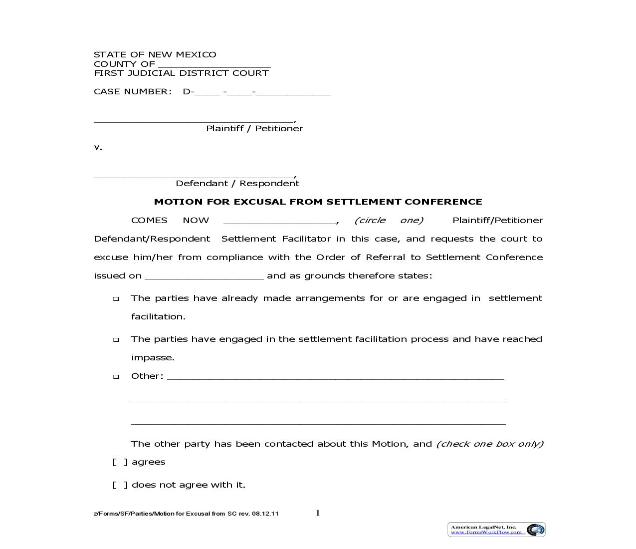 Motion For Excusal From Settlement Conference | Pdf Fpdf Doc Docx | New Mexico