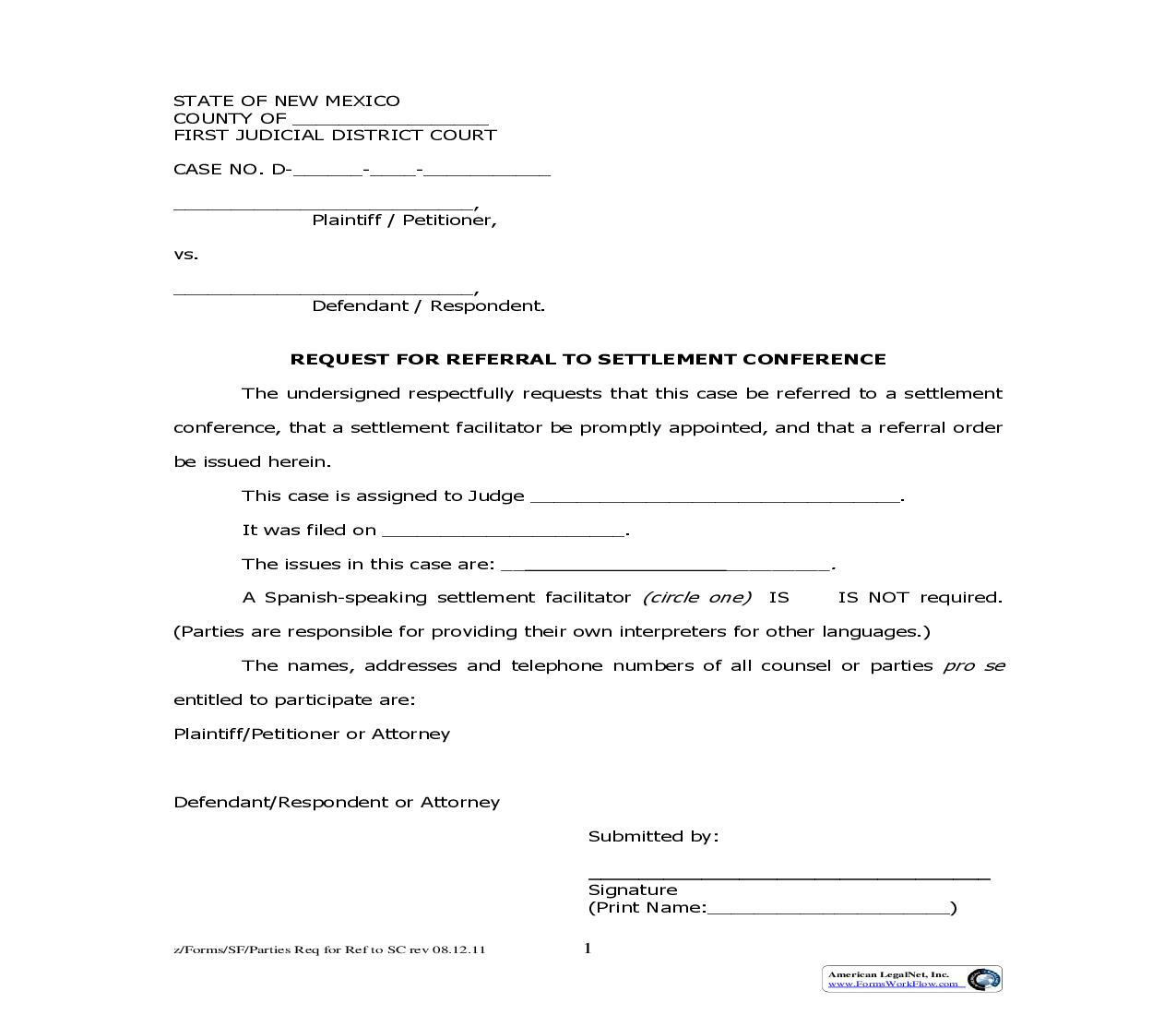 Request For Referral To Settlement Conference | Pdf Fpdf Doc Docx | New Mexico