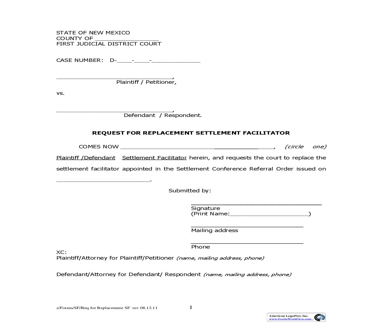 Request For Replacement Settlement Facilitator | Pdf Fpdf Doc Docx | New Mexico