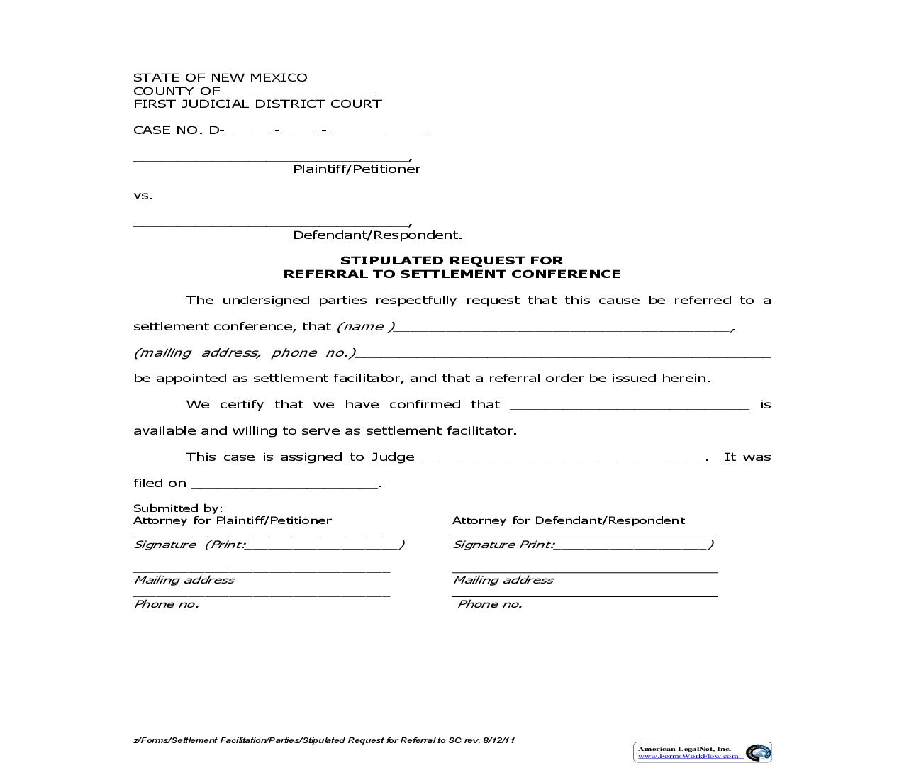 Stipulated Request For Referral To Settlement Conference | Pdf Fpdf Doc Docx | New Mexico