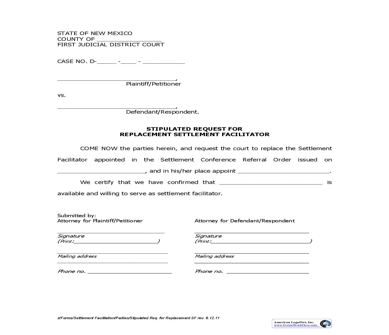 Stipulated Request For Replacement Settlement Facilitator | Pdf Fpdf Doc Docx | New Mexico