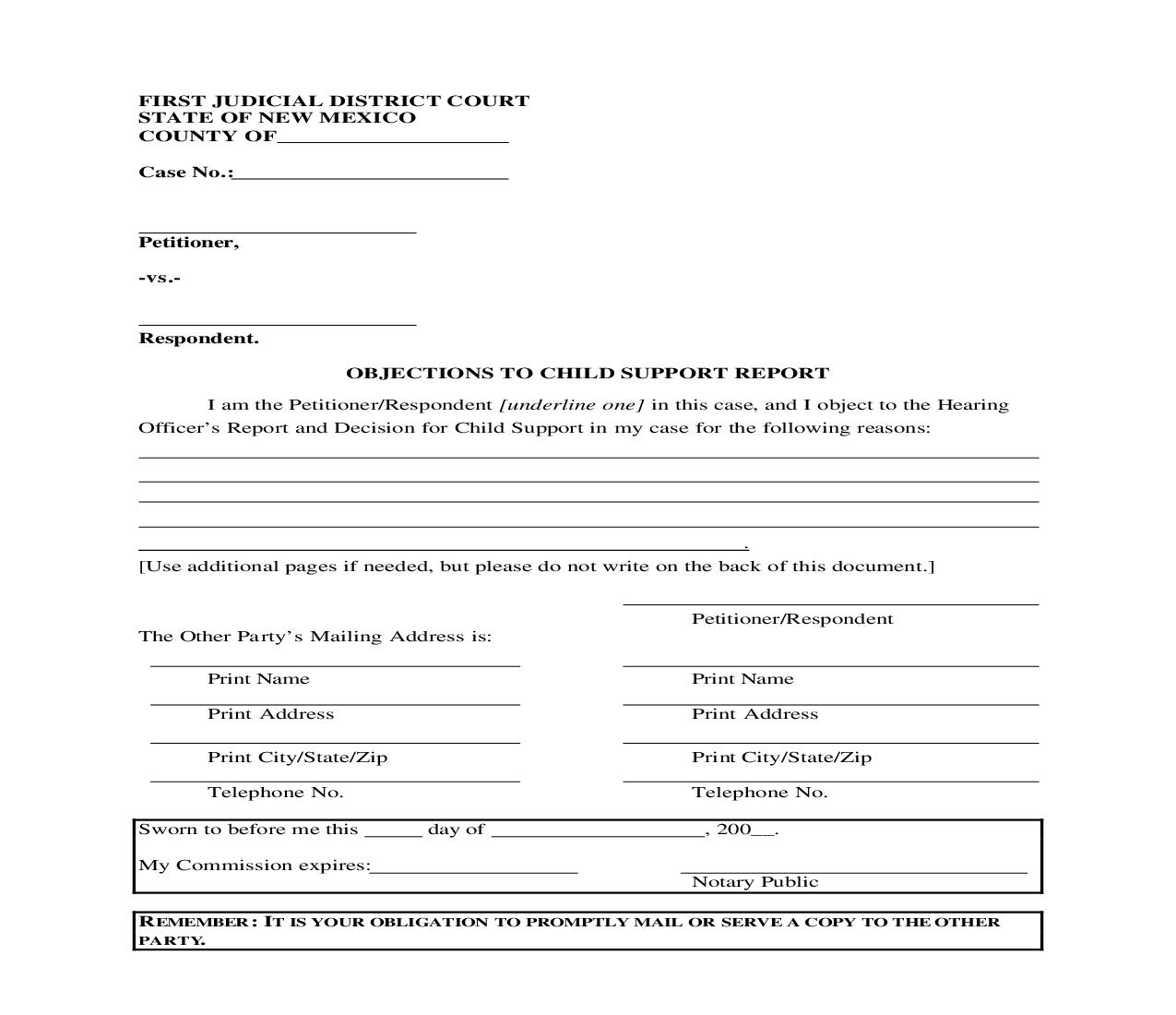 Objections To Child Support Report |  | New Mexico