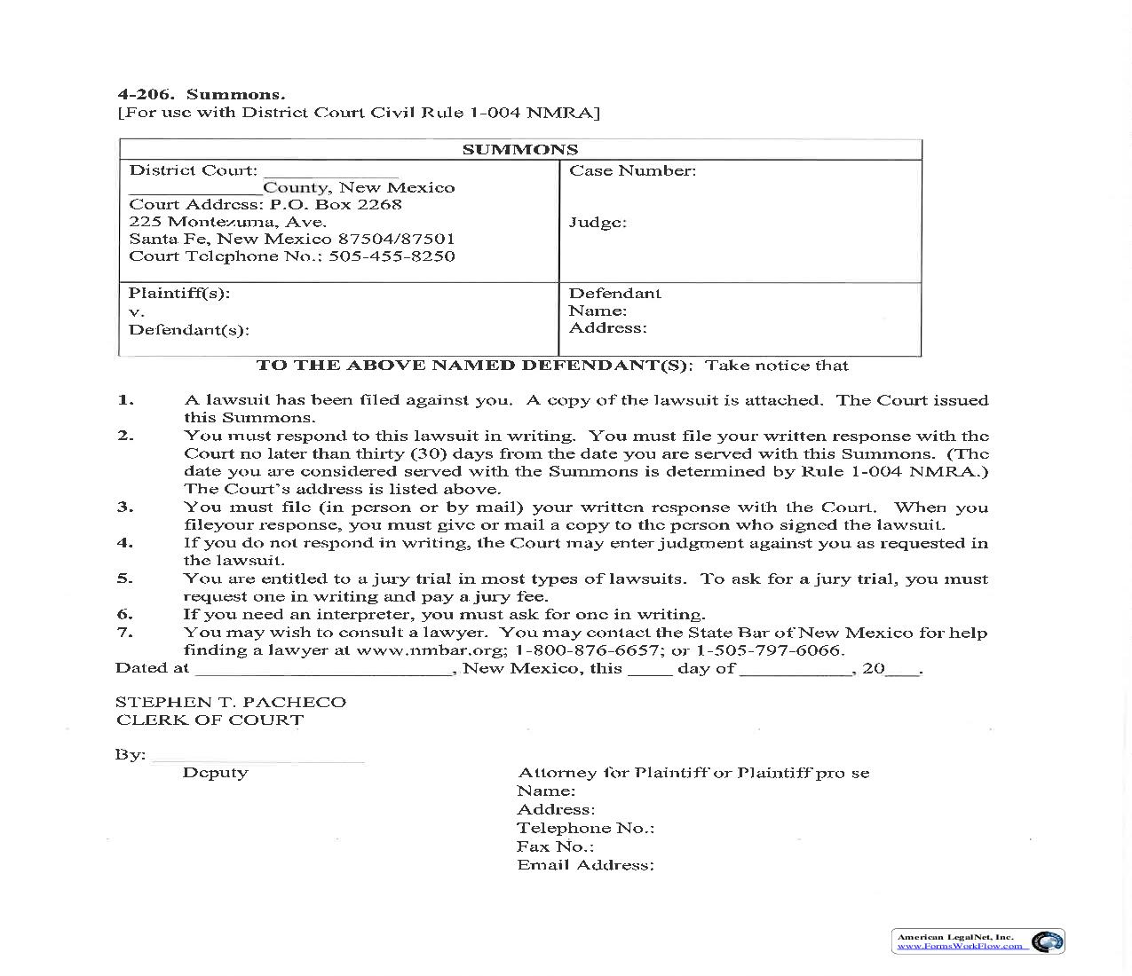 Summons (Petition For Dissolution Of Marriage) |  | New Mexico