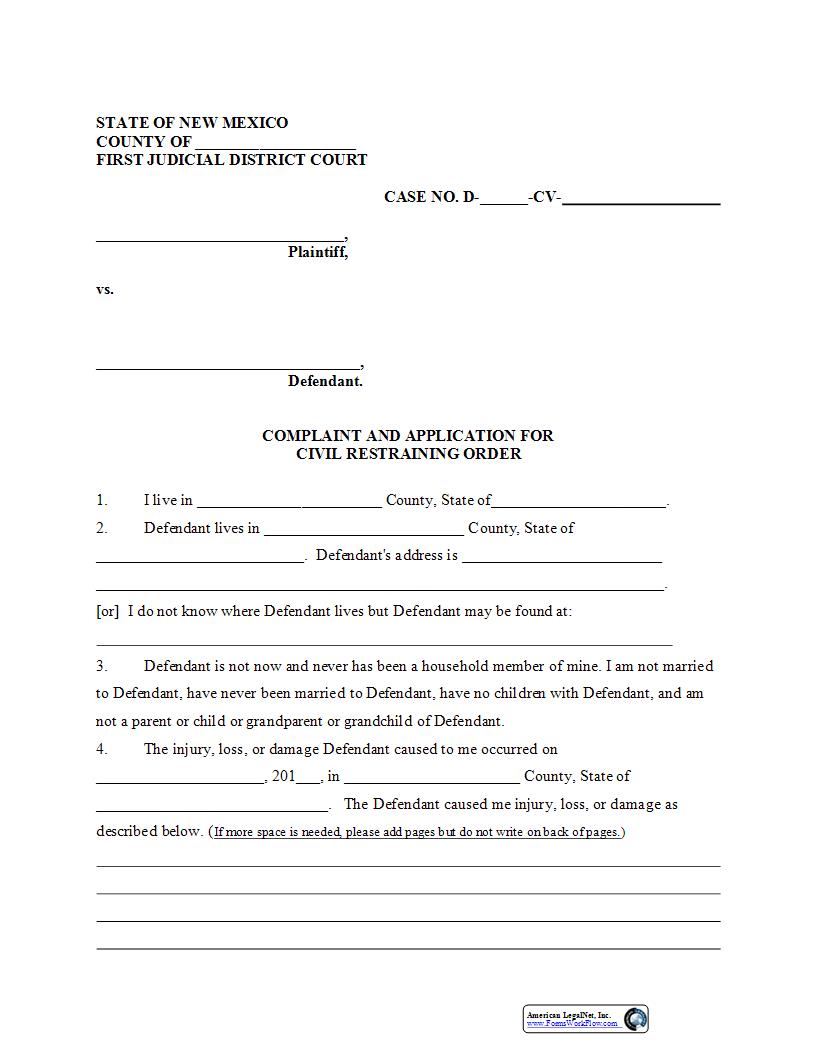 Complaint And Application For Civil Restraining Order | Pdf Fpdf Docx | New Mexico