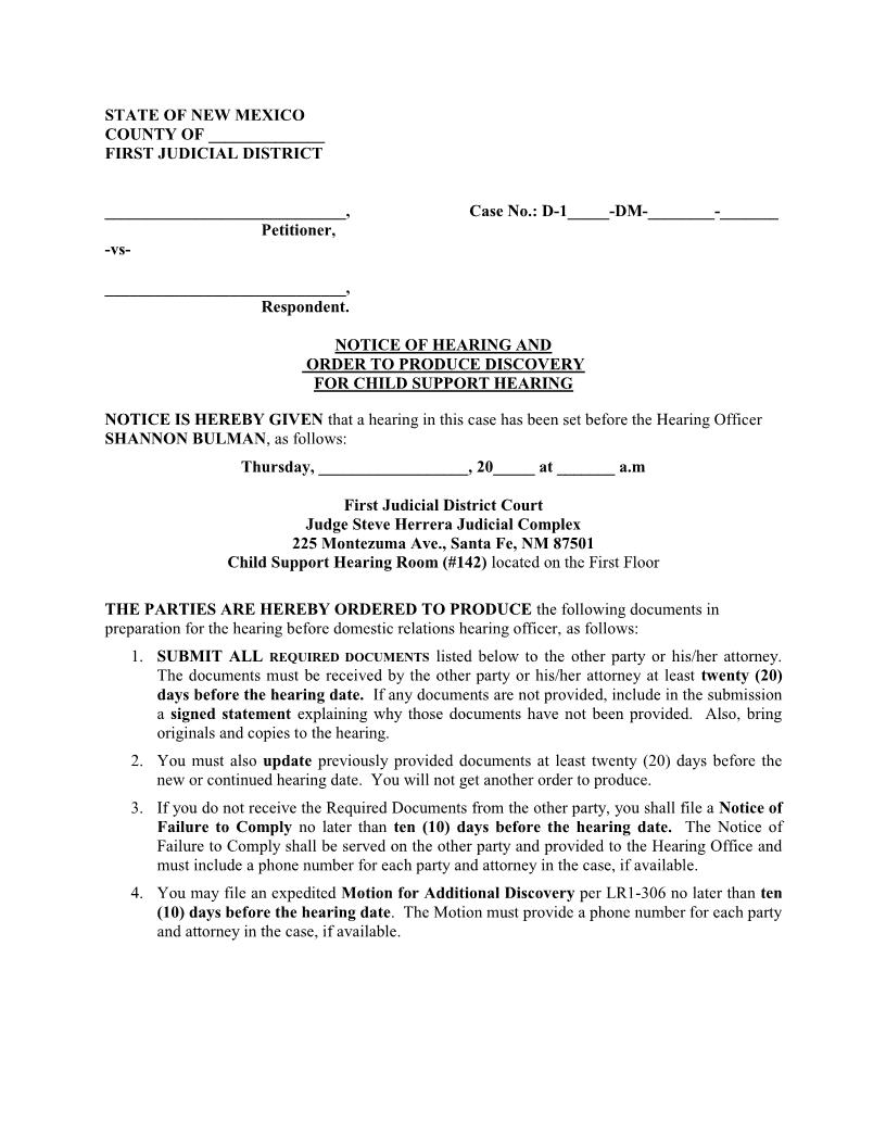 Notice Of Hearing And Order For Child Support | Pdf Fpdf Docx | New Mexico