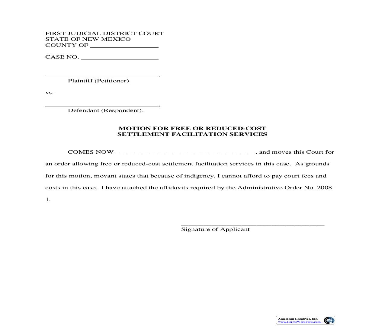 Motion For Free Or Reduced-Cost Settlement Facilitation Services |  | New Mexico