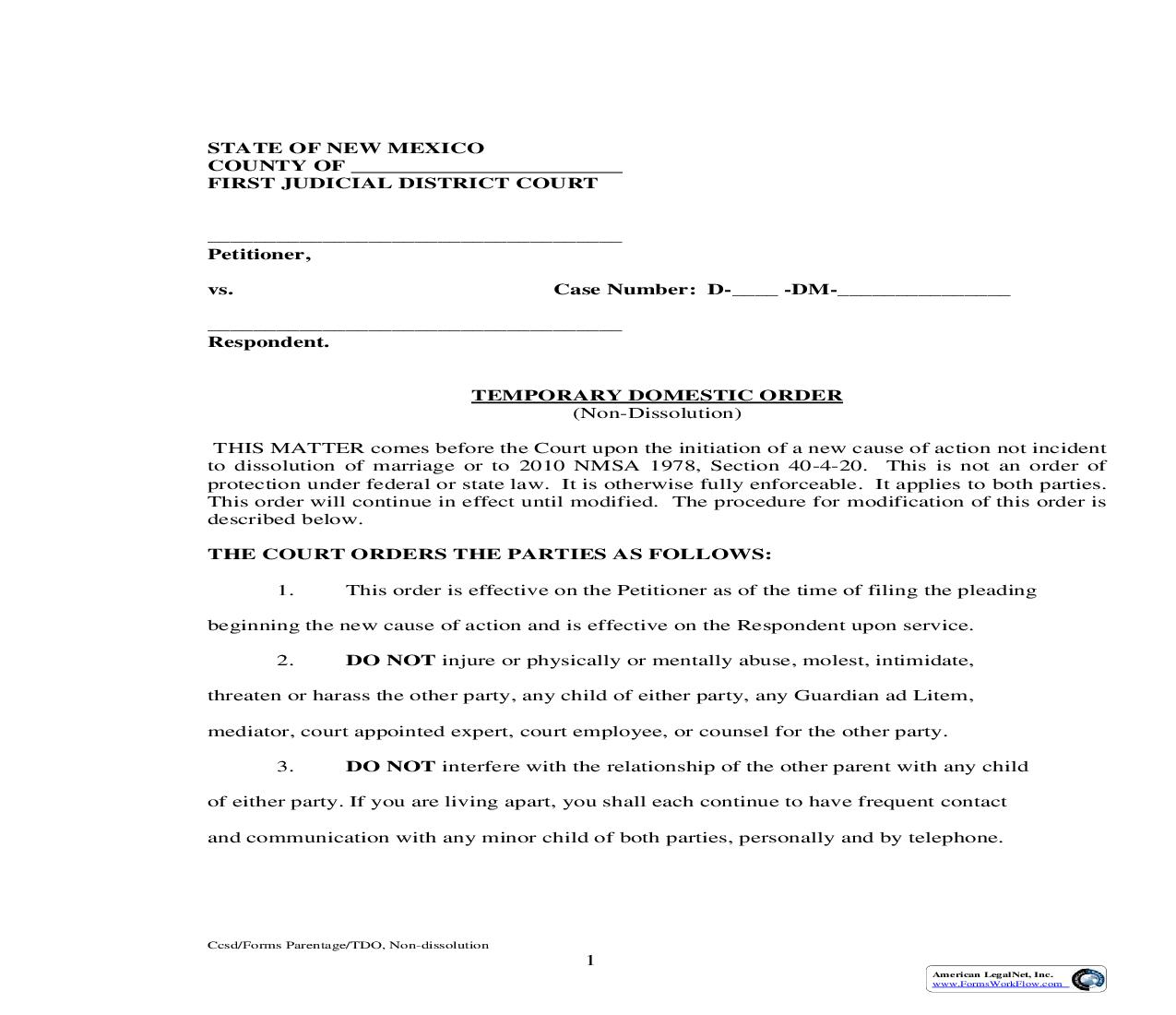 Temporary Domestic Order (Non Marital) |  | New Mexico