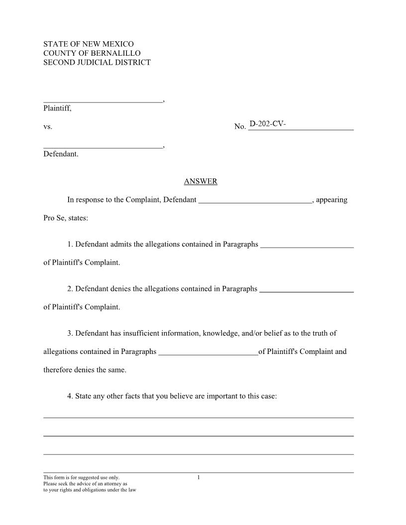Answer To Civil Complaint | Pdf Fpdf Docx | New Mexico