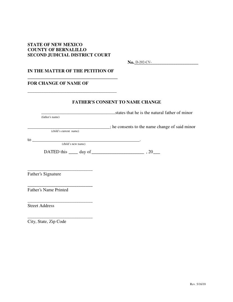 Fathers Consent To Name Change | Pdf Fpdf Docx | New Mexico