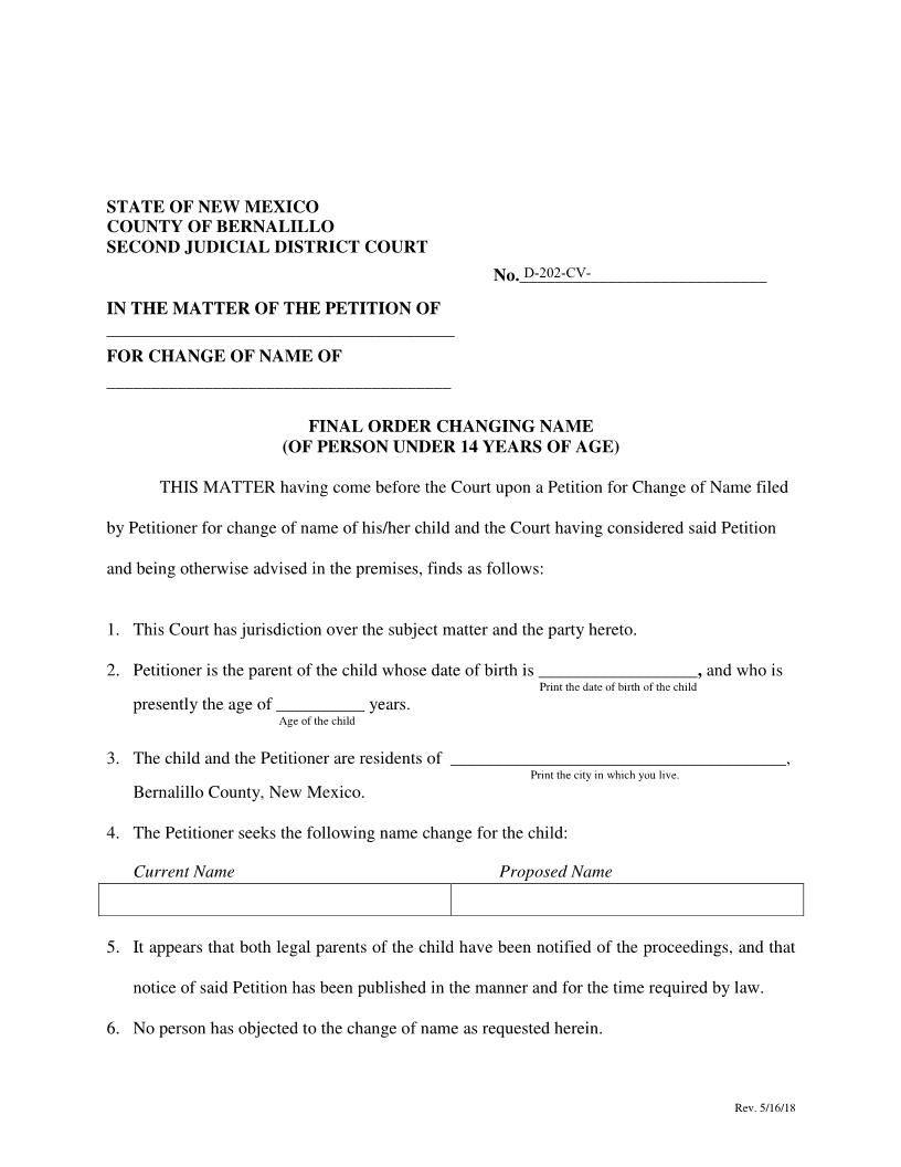 Final Order Changing Name Under 14 | Pdf Fpdf Docx | New Mexico