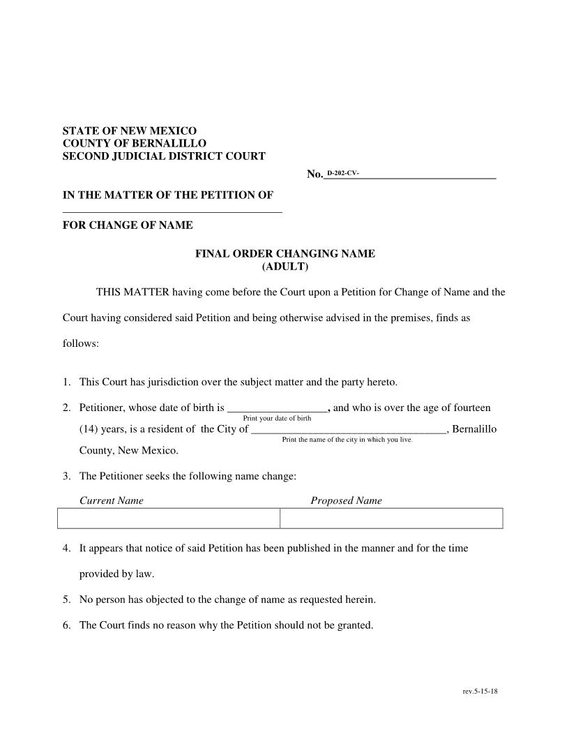 Final Order Changing Name | Pdf Fpdf Docx | New Mexico