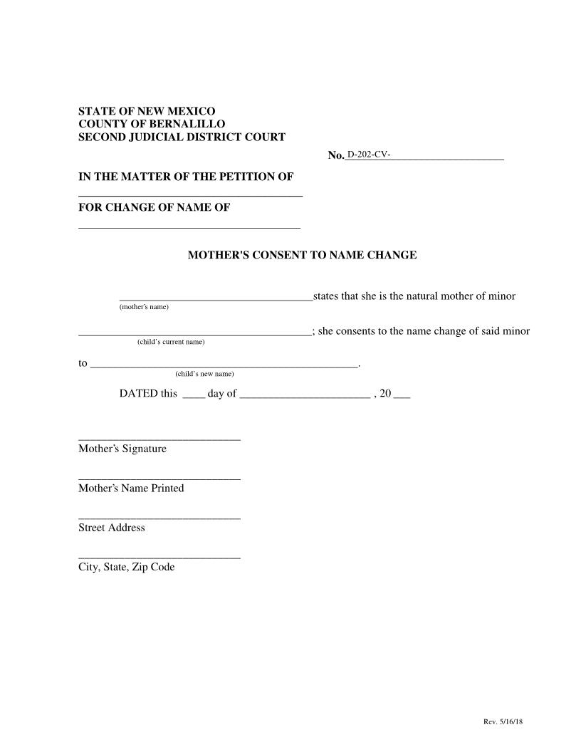 Mothers Consent To Name Change | Pdf Fpdf Docx | New Mexico