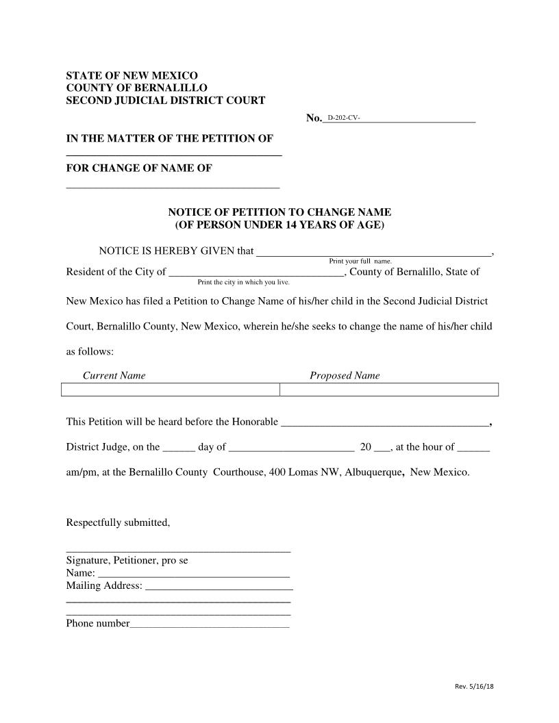 Notice Of PetitionTo Change Name Under 14 | Pdf Fpdf Docx | New Mexico